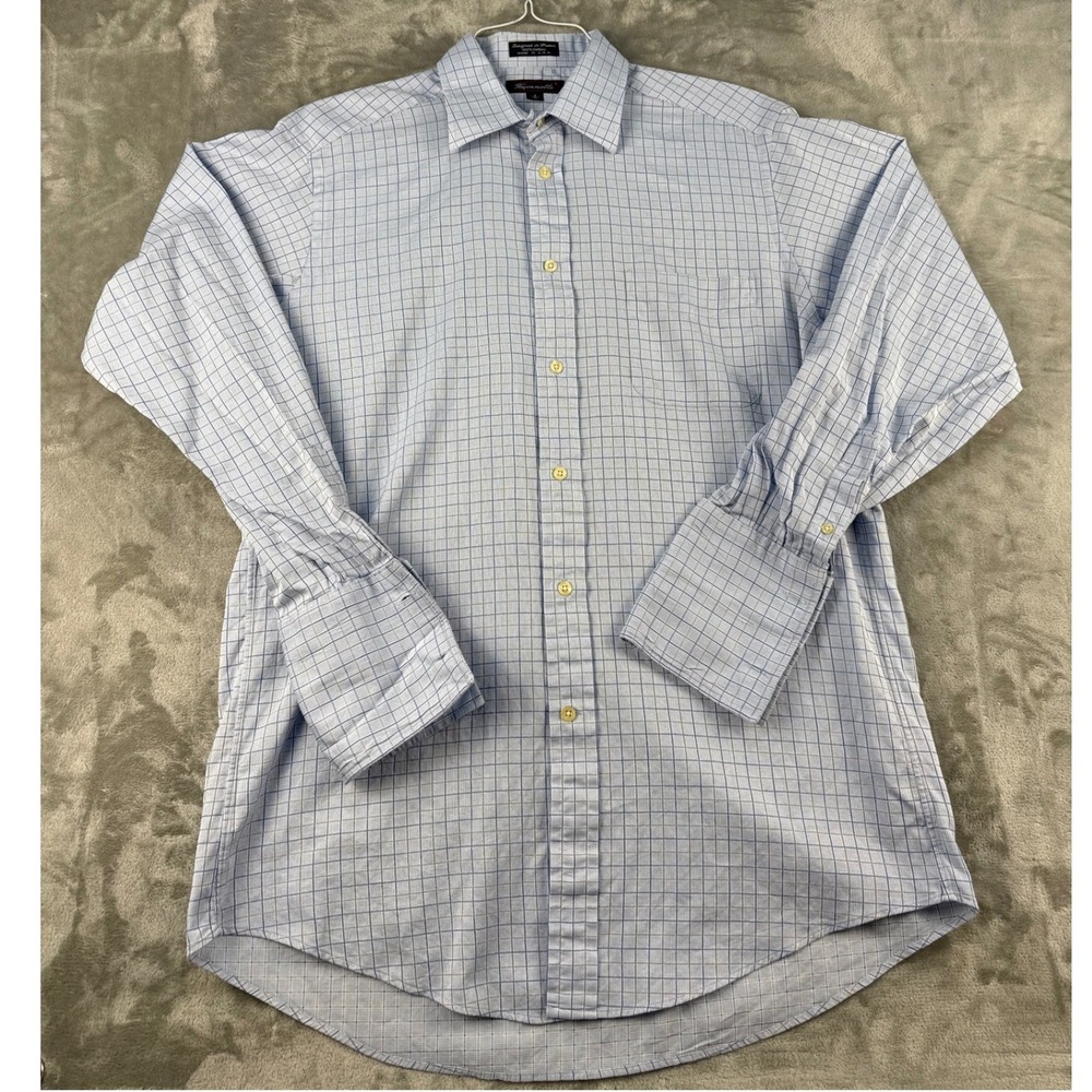 Faconnable Shirt Mens 16L Blue Grid Check Button Down Long Sleeve EUC